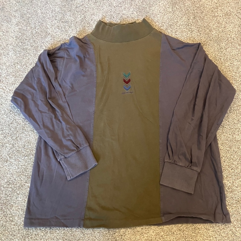 Vintage Vangrack Mens Long Sleeve Mock Neck Colorblock Shirt Olive Purple Large